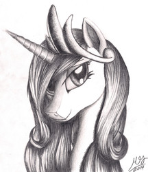 Size: 2530x2926 | Tagged: safe, artist:graboiidz, princess cadance, g4, female, grayscale, high res, monochrome, simple background, smiling, solo, traditional art
