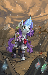 Size: 772x1200 | Tagged: safe, artist:lexx2dot0, rarity, spike, dragon, pony, unicorn, g4, boots, clothes, female, gem, hard hat, hat, magic, male, pickaxe, rock, scenery, ship:sparity, shipping, straight