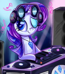 Size: 900x1023 | Tagged: safe, artist:daniel-sg, rarity, pony, unicorn, g4, disc jockey, female, headphones, music notes, solo, turntable, vinyl's glasses, wink