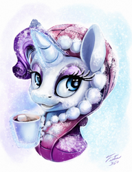 Size: 1804x2353 | Tagged: safe, artist:tsitra360, part of a set, rarity, pony, unicorn, g4, bedroom eyes, clothes, cute, female, hat, hot chocolate, mare, raribetes, snow, snowfall, solo, winter