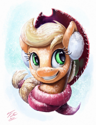 Size: 1804x2353 | Tagged: safe, artist:tsitra360, part of a set, applejack, earth pony, pony, g4, clothes, cute, female, freckles, hat, jackabetes, mare, portrait, scarf, smiling, snow, snowfall, solo