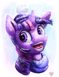 Size: 1804x2353 | Tagged: safe, artist:tsitra360, part of a set, twilight sparkle, pony, unicorn, g4, clothes, female, hat, mare, open mouth, portrait, scarf, simple background, smiling, snow, snowfall, solo, white background, winter