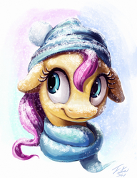 Size: 1804x2353 | Tagged: safe, artist:tsitra360, part of a set, fluttershy, pony, g4, clothes, cute, female, floppy ears, hat, mare, portrait, scarf, shyabetes, snow, snowfall, solo, winter