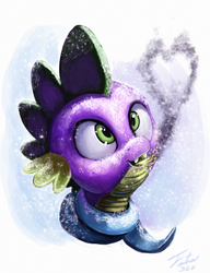 Size: 1804x2353 | Tagged: safe, artist:tsitra360, spike, dragon, g4, clothes, fire, fire breath, heart, male, portrait, scarf, smoke, snow, snowfall, solo, tongue out, winter