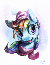 Size: 1804x2353 | Tagged: safe, artist:tsitra360, part of a set, rainbow dash, pony, g4, clothes, cute, dashabetes, female, hat, mare, open mouth, scarf, smiling, snow, snowfall, winter