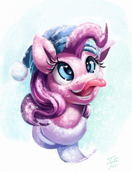 Size: 1804x2353 | Tagged: safe, artist:tsitra360, part of a set, pinkie pie, pony, g4, bust, clothes, cute, diapinkes, female, hat, icicle, mare, portrait, scarf, snow, snowfall, solo, tongue out, winter