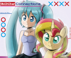 Size: 827x673 | Tagged: safe, artist:the-butch-x, sunset shimmer, human, pony, unicorn, g4, crossover, duo, hatsune miku, vocaloid