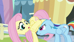 Size: 1920x1080 | Tagged: safe, screencap, fluttershy, rainbow dash, g4, the crystal empire, bad touch, fetish fuel, out of context, personal space invasion, pushing, rump push, the crystal fair