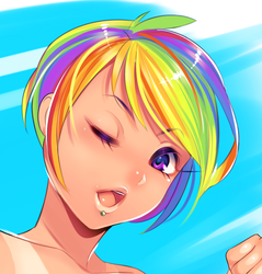 Size: 716x750 | Tagged: safe, artist:cassettecreams, rainbow dash, human, g4, close-up, explicit source, female, humanized, piercing, solo, wink