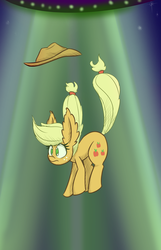 Size: 900x1400 | Tagged: safe, artist:heir-of-rick, applejack, daily apple pony, g4, abduction, alien abduction, cowboy hat, female, floating, frown, hat, impossibly large ears, raised tail, solo, stetson, ufo, wide eyes