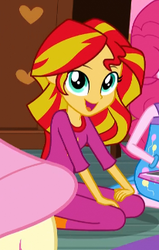 Size: 206x323 | Tagged: safe, screencap, fluttershy, pinkie pie, sunset shimmer, human, equestria girls, g4, my little pony equestria girls: rainbow rocks, adorable face, clothes, cute, female, happy, innocent, kneeling, looking at you, open mouth, pajamas, shimmerbetes, smiling, solo focus, weapons-grade cute, when she smiles