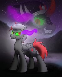 Size: 800x1000 | Tagged: safe, artist:drawponies, king sombra, oc, oc:brimstone, pegasus, pony, umbrum, g4, commission, fangs, glowing eyes, grin, smirk