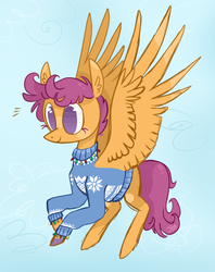 Size: 1203x1516 | Tagged: safe, artist:jellybeanbullet, scootaloo, g4, clothes, female, flying, older, scootaloo can fly, solo, spread wings, sweater