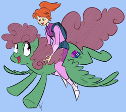 Size: 713x635 | Tagged: safe, artist:egophiliac, oc, oc only, oc:maya northwind, oc:windcatcher, human, pegasus, pony, clothes, colored, duo, female, flight suit, flying, human oc, humans riding ponies, jumpsuit, mare, parachute, riding, sketch