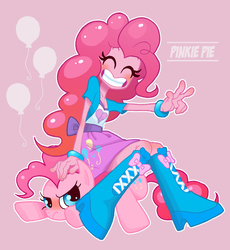 Size: 1403x1526 | Tagged: safe, artist:ahiru_7, pinkie pie, human, pony, equestria girls, g4, annoyed, blushing, boots, bracelet, cleavage, clothes, cute, cutie mark background, duo, eyes closed, female, high heel boots, human ponidox, jewelry, peace sign, pink background, pixiv, shoes, simple background, sitting, sitting on pony, skirt, smiling, square crossover
