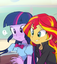 Size: 589x651 | Tagged: dead source, safe, artist:baekgup, sunset shimmer, twilight sparkle, equestria girls, book, duo, exclamation point, female, lesbian, reading, shipping, sunsetsparkle, twilight sparkle (alicorn)