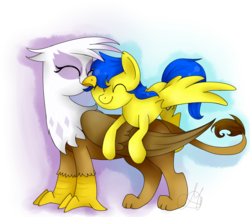 Size: 1150x1000 | Tagged: safe, artist:maggymss, gilda, oc, oc:orion, griffon, pegasus, pony, g4, canon x oc, eyes closed, female, flying, gildarion, griffon x pony, happy, interspecies, male, shipping, size difference, smiling, snuggling, spread wings, straight