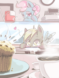 Size: 600x800 | Tagged: safe, artist:fr3, cup cake, derpy hooves, pony, g4, baby, baby pony, coffee, cute, derpabetes, filly, muffin, pixiv, that pony sure does love muffins, younger