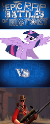 Size: 415x1024 | Tagged: safe, twilight sparkle, alicorn, human, pony, g4, epic rap battles of history, female, gun, hat, hooves, horn, male, mare, optical sight, rifle, sniper, sniper (tf2), sniper rifle, sunglasses, team fortress 2, text, twilight sparkle (alicorn), weapon, wings