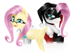 Size: 2362x1783 | Tagged: safe, artist:supermare, fluttershy, g4, clothes, crossover, glasses, harley quinn, ponified, simple background, transparent background