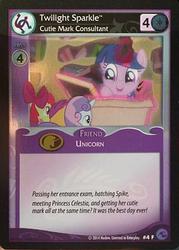 Size: 344x480 | Tagged: safe, enterplay, apple bloom, scootaloo, sweetie belle, twilight sparkle, earth pony, pegasus, pony, unicorn, g4, generic fixed set, my little pony collectible card game, apple bloom's bow, book, bookshelf, bow, card, ccg, cutie mark crusaders, female, filly, foal, glowing, glowing horn, golden oaks library, hair bow, horn, magic, magic aura, mare, open mouth, open smile, smiling, trading card, unicorn twilight