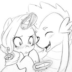 Size: 1024x1024 | Tagged: dead source, safe, artist:kianamai, rarity, spike, kilalaverse, g4, female, interspecies, male, monochrome, older, older spike, pencil drawing, pregnancy test, ship:sparity, shipping, straight, traditional art