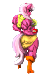 Size: 1280x1792 | Tagged: safe, artist:outlawmoruko, cheerilee, earth pony, anthro, g4, apple, clothes, eating, female, fetish, from behind, heftilee, midriff, muscle fetish, muscles, my muscle pony, simple background, skirt, solo, transparent background