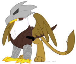 Size: 955x811 | Tagged: safe, artist:faith-wolff, oc, oc only, oc:shyzo, griffon, armor, chainmail, clothes, game of thrones, griffon oc, helmet, hidden face, simple background, solo, transparent background