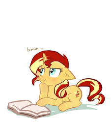 Size: 589x651 | Tagged: safe, artist:baekgup, sunset shimmer, pony, unicorn, g4, book, female, floppy ears, pondering, prone, simple background, solo, thinking, white background