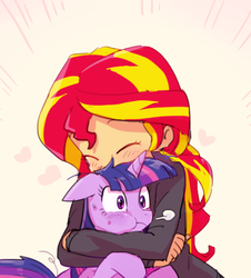 Size: 589x651 | Tagged: source needed, useless source url, safe, artist:baekgup, sunset shimmer, twilight sparkle, human, pony, unicorn, equestria girls, g4, my little pony equestria girls: rainbow rocks, :t, blushing, cuddling, cute, duo, duo female, eyes closed, female, floppy ears, heart, holding, holding a pony, hug, human on pony snuggling, mare, messy mane, non-consensual cuddling, panting, puffy cheeks, shimmerbetes, snuggling, sweat