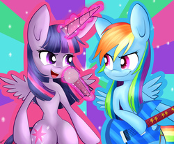 Size: 4200x3456 | Tagged: safe, artist:riouku, rainbow dash, twilight sparkle, alicorn, pony, g4, bipedal, duo, female, guitar, mare, twilight sparkle (alicorn)