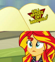 Size: 1223x1378 | Tagged: safe, sunset shimmer, equestria girls, g4, easter egg, exploitable meme, journey book, meme, secret, wolf3d, wolfenstein 3d