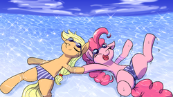 Size: 1191x670 | Tagged: safe, artist:yajima, applejack, pinkie pie, g4, clothes, eyes closed, ocean, pixiv, swimsuit, topless