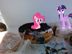 Size: 2048x1536 | Tagged: safe, artist:mamandil, artist:mihaaaa, artist:tokkazutara1164, pinkie pie, twilight sparkle, alicorn, pony, g4, crumbs, donut, female, floppy ears, irl, jelly, mare, messy, photo, ponies in real life, twilight sparkle (alicorn), vector