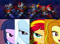 Size: 754x555 | Tagged: safe, edit, screencap, adagio dazzle, sunset shimmer, trixie, twilight sparkle, equestria girls, g4, my little pony equestria girls: rainbow rocks, crossover, final dynamic special, great mazinger, grendizer, mazinger, mazinger z, shin getter robo, super robot wars