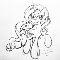 Size: 2448x2448 | Tagged: safe, artist:gummigator, sunset shimmer, pony, unicorn, g4, female, grayscale, high res, monochrome, raised hoof, sketch, smiling, solo, traditional art