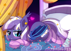 Size: 1280x927 | Tagged: dead source, safe, artist:spookyle, oc, oc only, oc:sweet lullaby, bat pony, pony, bed, bedroom eyes, clothes, eyeshadow, fangs, socks, solo, striped socks