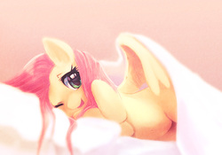 Size: 854x599 | Tagged: safe, artist:apricolor, fluttershy, pegasus, pony, g4, adorasexy, bed, belly button, blanket, cute, female, hind legs, mare, on side, one eye closed, open mouth, shyabetes, sleepy, smiling, solo, wink