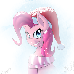 Size: 2000x2000 | Tagged: safe, artist:silverfox057, pinkie pie, g4, clothes, female, hat, high res, santa hat, scarf, snow, snowfall, solo