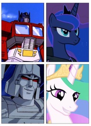 Size: 667x927 | Tagged: safe, princess celestia, princess luna, g4, crossover, exploitable meme, megatron, meme, new lunar republic, optimus prime, solar empire, transformers, tyrant celestia, why