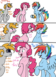 Size: 1418x1945 | Tagged: safe, artist:1231redflame, pinkie pie, rainbow dash, oc, earth pony, pegasus, pony, unicorn, g4, accidentally gay, bubble berry, comic, horn, male, mistaken gender, rainbow blitz, rule 63, stallion, unicorn oc