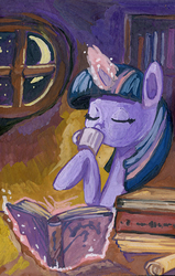 Size: 636x1000 | Tagged: safe, artist:lexx2dot0, twilight sparkle, g4, book, eyes closed, female, gouache, magic, scenery, solo, traditional art