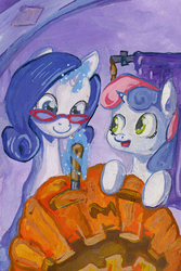 Size: 668x1000 | Tagged: safe, artist:lexx2dot0, rarity, sweetie belle, g4, carving, gouache, halloween, holiday, jack-o-lantern, magic, pumpkin, traditional art