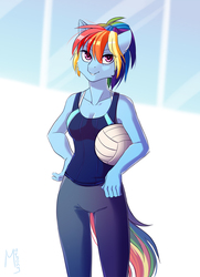 Size: 1084x1500 | Tagged: safe, artist:margony, rainbow dash, anthro, g4, ball, clothes, female, fluffy, pants, solo, tank top, volleyball