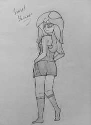 Size: 1500x2048 | Tagged: safe, artist:werdnasremos, sunset shimmer, human, g4, clothes, female, humanized, monochrome, socks, solo, traditional art