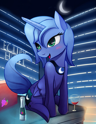 Size: 850x1100 | Tagged: safe, artist:negativefox, berry punch, berryshine, princess luna, alicorn, pony, g4, alcohol, artifact, blushing, cute, female, happy, hotel, human shoulders, s1 luna, solo, wine