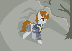 Size: 4092x2893 | Tagged: safe, artist:he4rtofcourage, oc, oc only, oc:littlepip, pony, unicorn, fallout equestria, canteen, clothes, dead tree, fanfic, fanfic art, female, hooves, horn, jumpsuit, mare, pipbuck, saddle bag, solo, tree, vault suit, wasteland