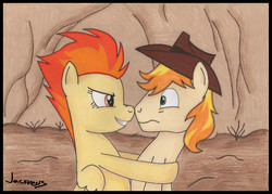 Size: 6700x4800 | Tagged: safe, artist:jacsveus, braeburn, spitfire, g4, absurd resolution, boop, eye contact, female, frown, grin, hat, hug, male, noseboop, one sided shipping, shipping, smirk, spitburn, straight, wide eyes