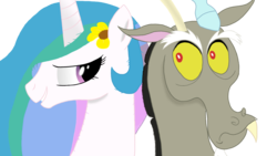 Size: 2560x1440 | Tagged: safe, artist:ultimateview, discord, princess celestia, g4, female, flower in hair, grin, male, ship:dislestia, shipping, straight, wide eyes