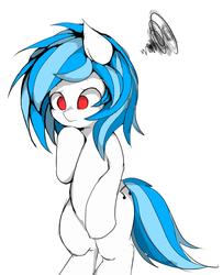 Size: 730x900 | Tagged: safe, artist:skippy_the_moon, dj pon-3, vinyl scratch, pony, semi-anthro, g4, bipedal, concerned, cute, female, missing horn, pixiv, solo, upset